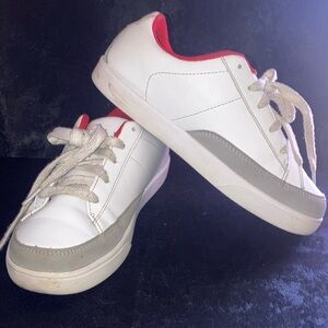 White and Gray Sneakers with Red Accents